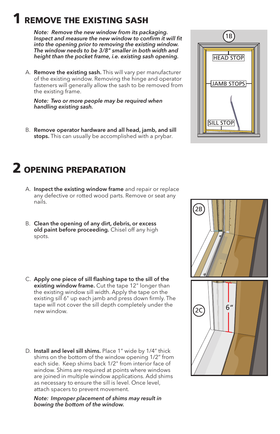 Remove the existing sash, Opening preparation | Pella Replacement Window 80YV0102 User Manual | Page 2 / 14