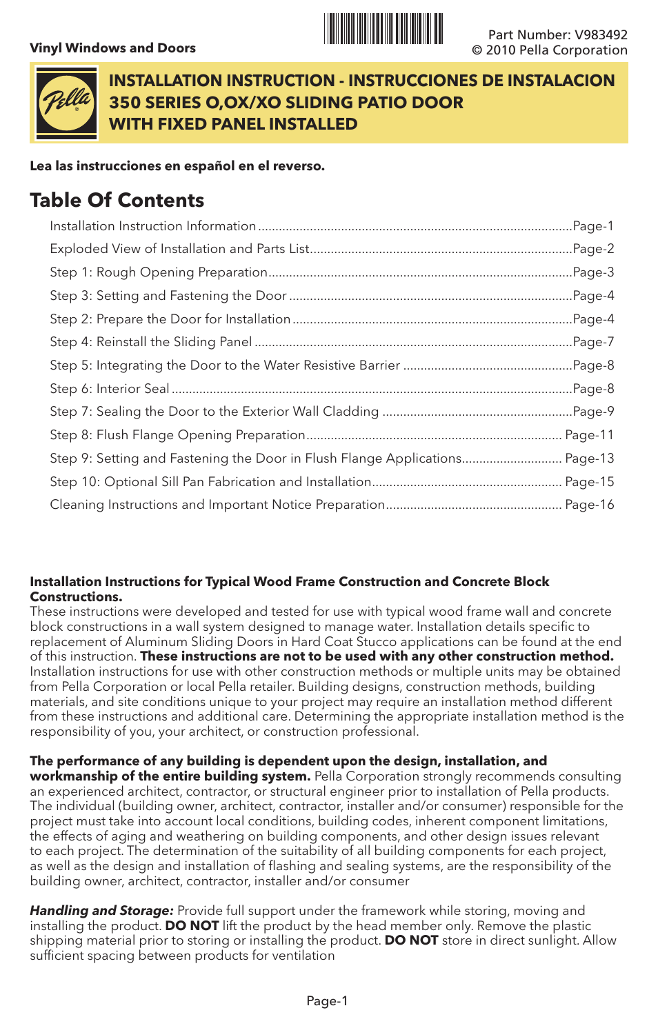 Pella V983492 User Manual | 16 pages