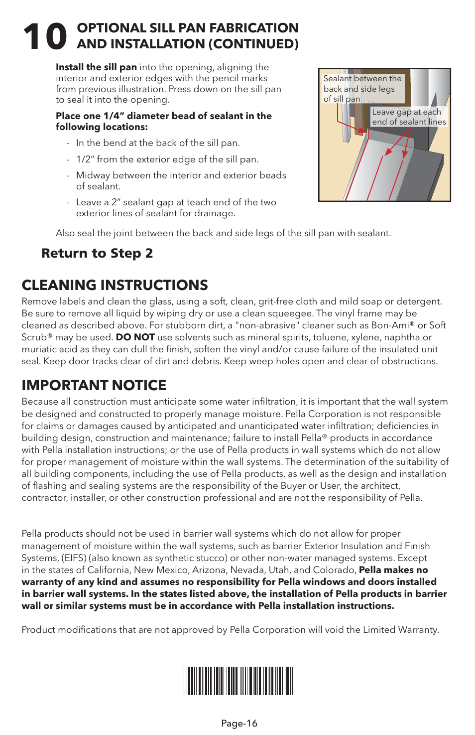 Cleaning instructions, Important notice, Return to step 2 | Pella V983492 User Manual | Page 16 / 16