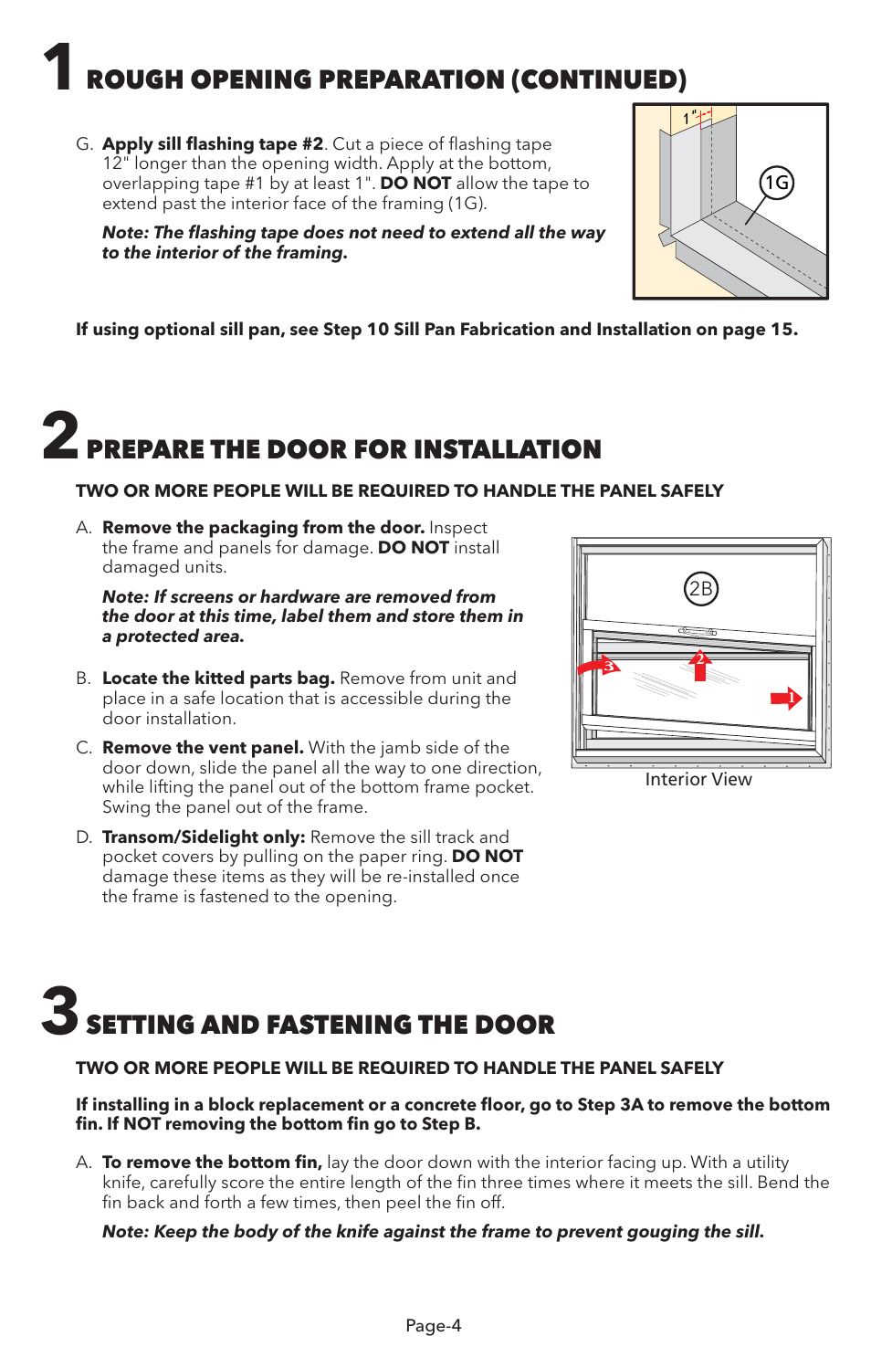 Setting and fastening the door, Prepare the door for installation, Rough opening preparation (continued) | Pella V983492 User Manual | Page 4 / 16
