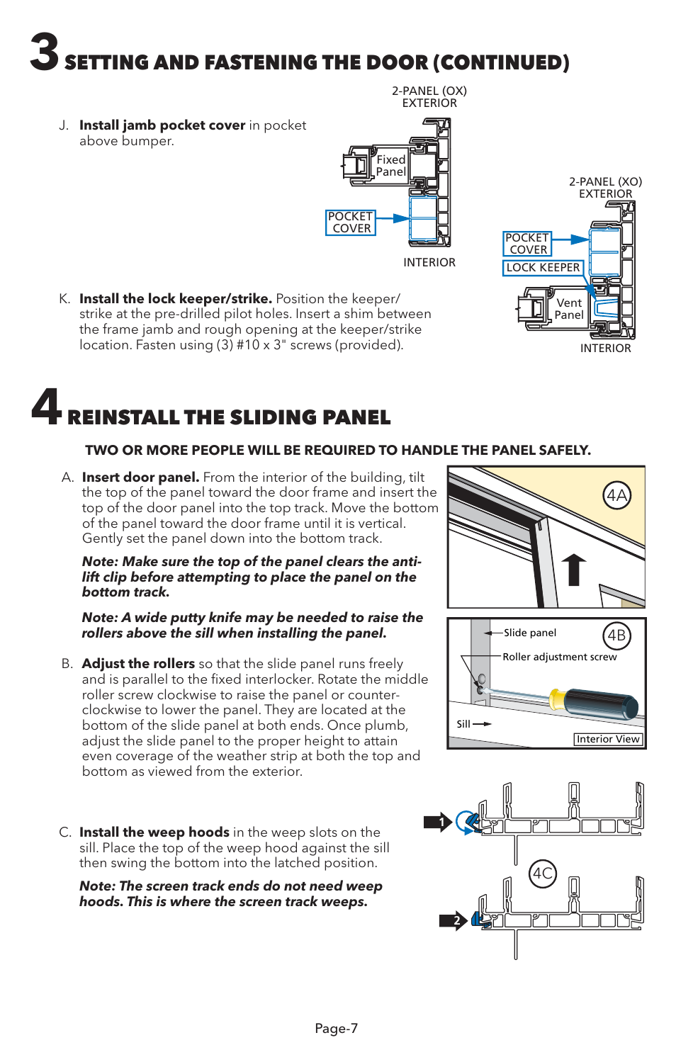 Reinstall the sliding panel, Setting and fastening the door (continued) | Pella V983492 User Manual | Page 7 / 16
