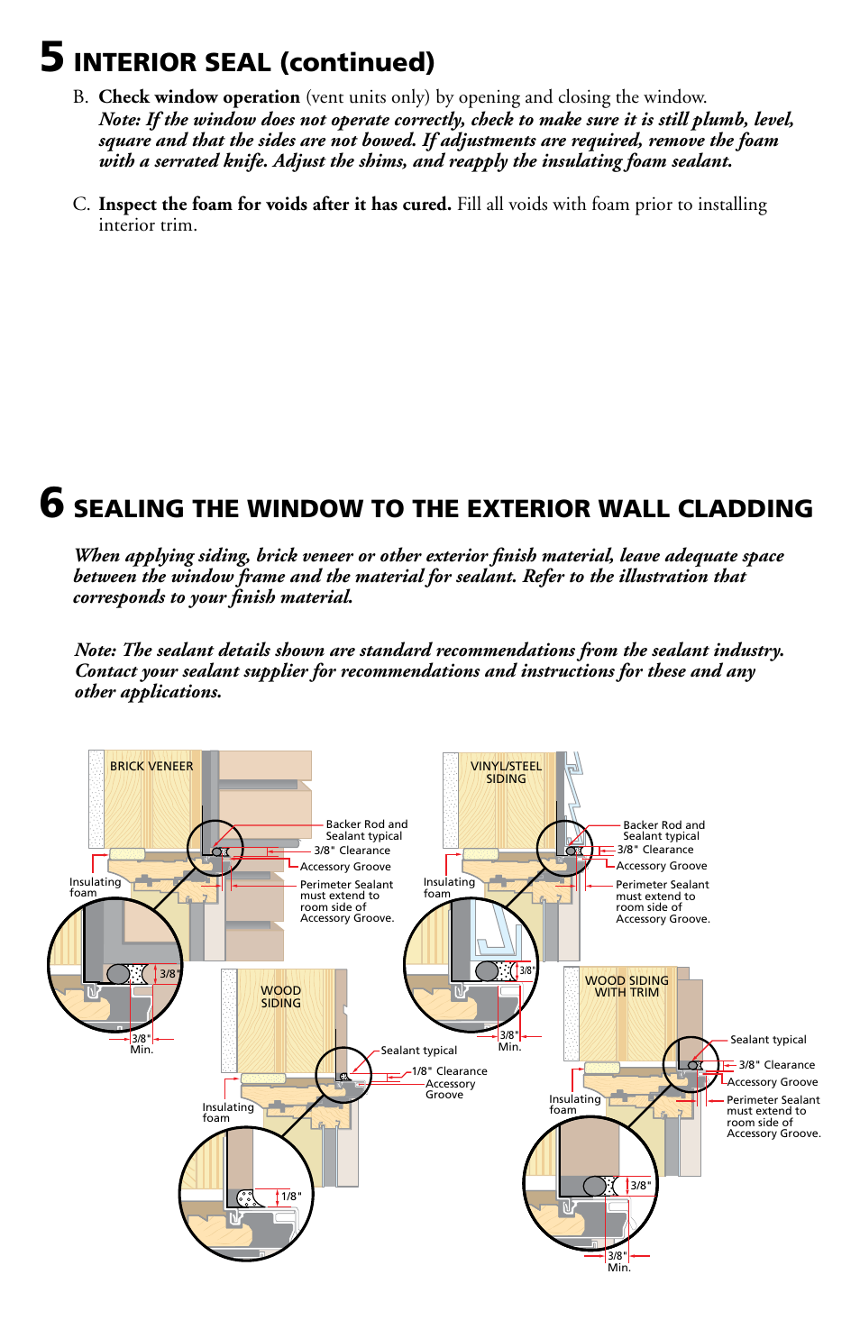 Interior seal (continued), Sealing the window to the exterior wall cladding | Pella Double-Hung Window 802X0104 User Manual | Page 6 / 8