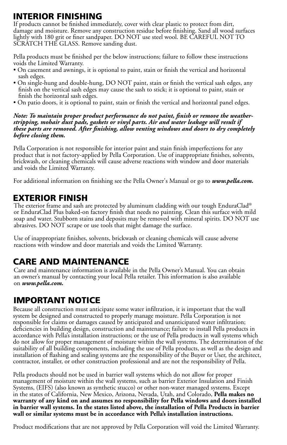 Interior finishing, Care and maintenance, Exterior finish | Important notice | Pella Double-Hung Window 802X0104 User Manual | Page 8 / 8