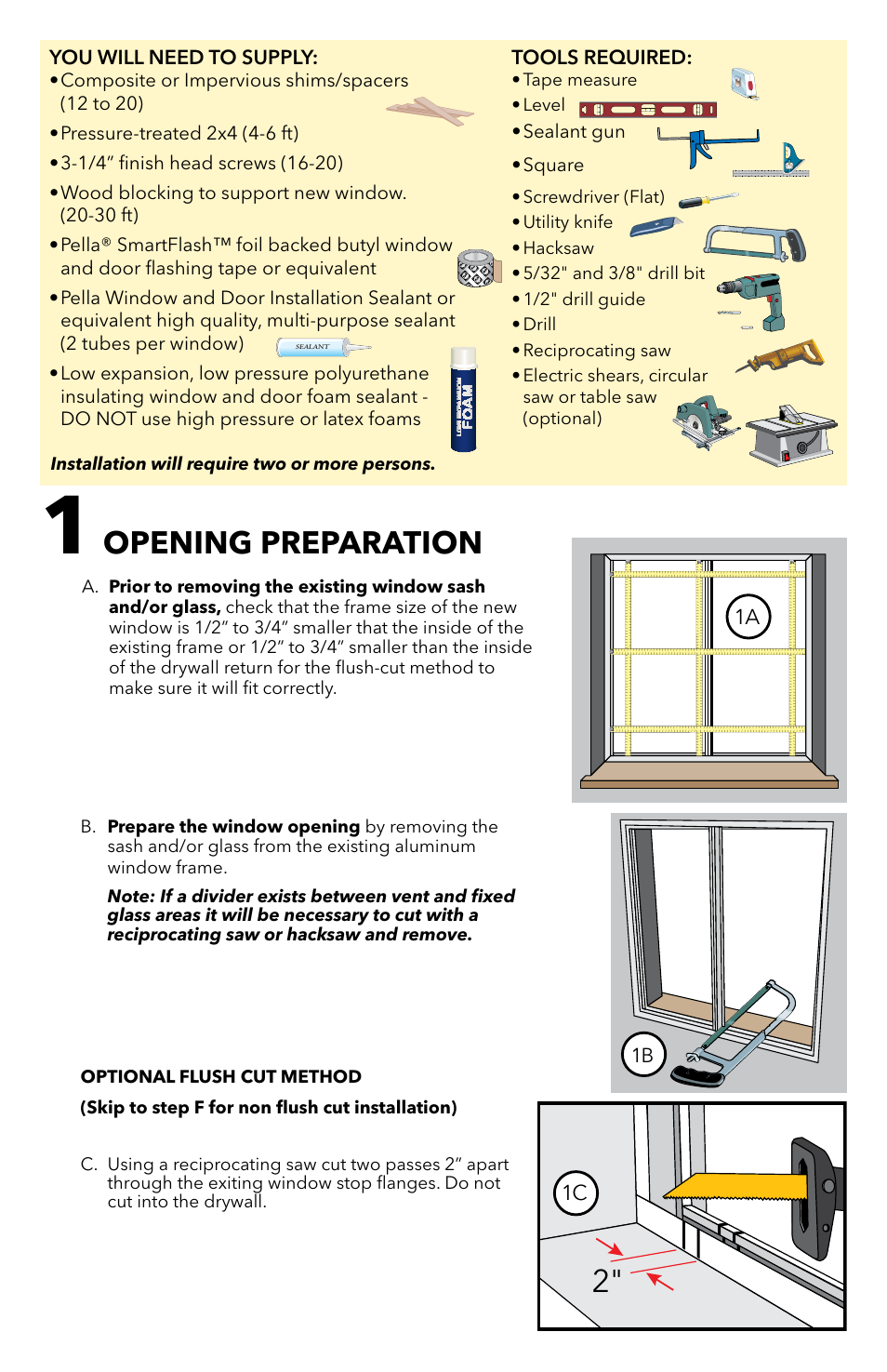 Opening preparation | Pella Clad Windows with Flush Flange 81CP0101 User Manual | Page 2 / 9
