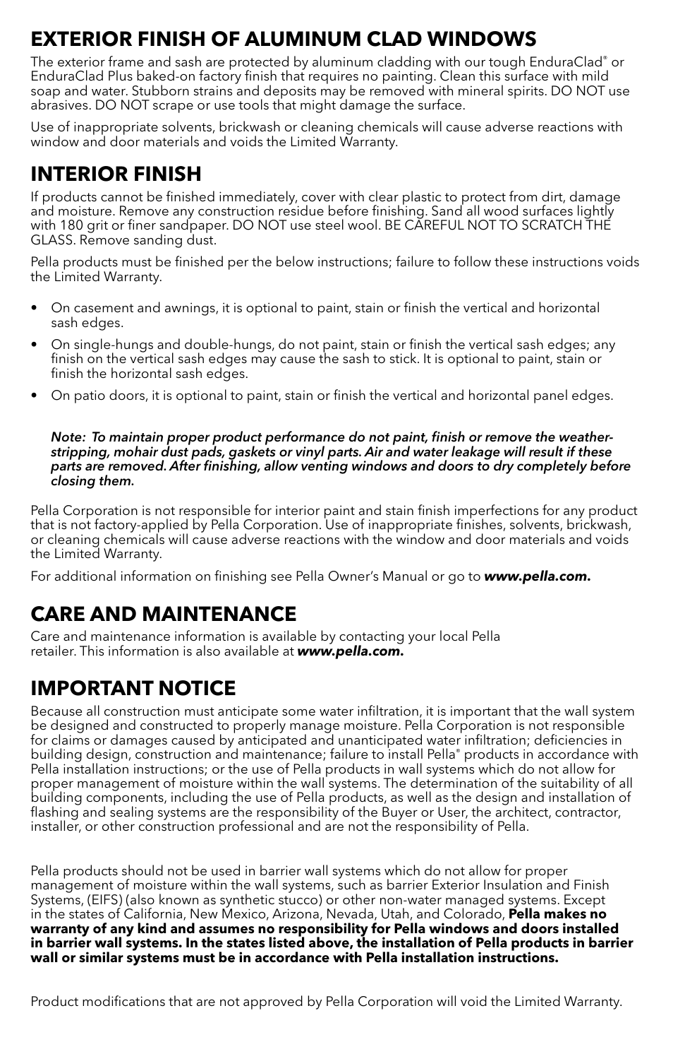 Exterior finish of aluminum clad windows, Interior finish, Care and maintenance | Important notice | Pella Clad Windows with Flush Flange 81CP0101 User Manual | Page 8 / 9
