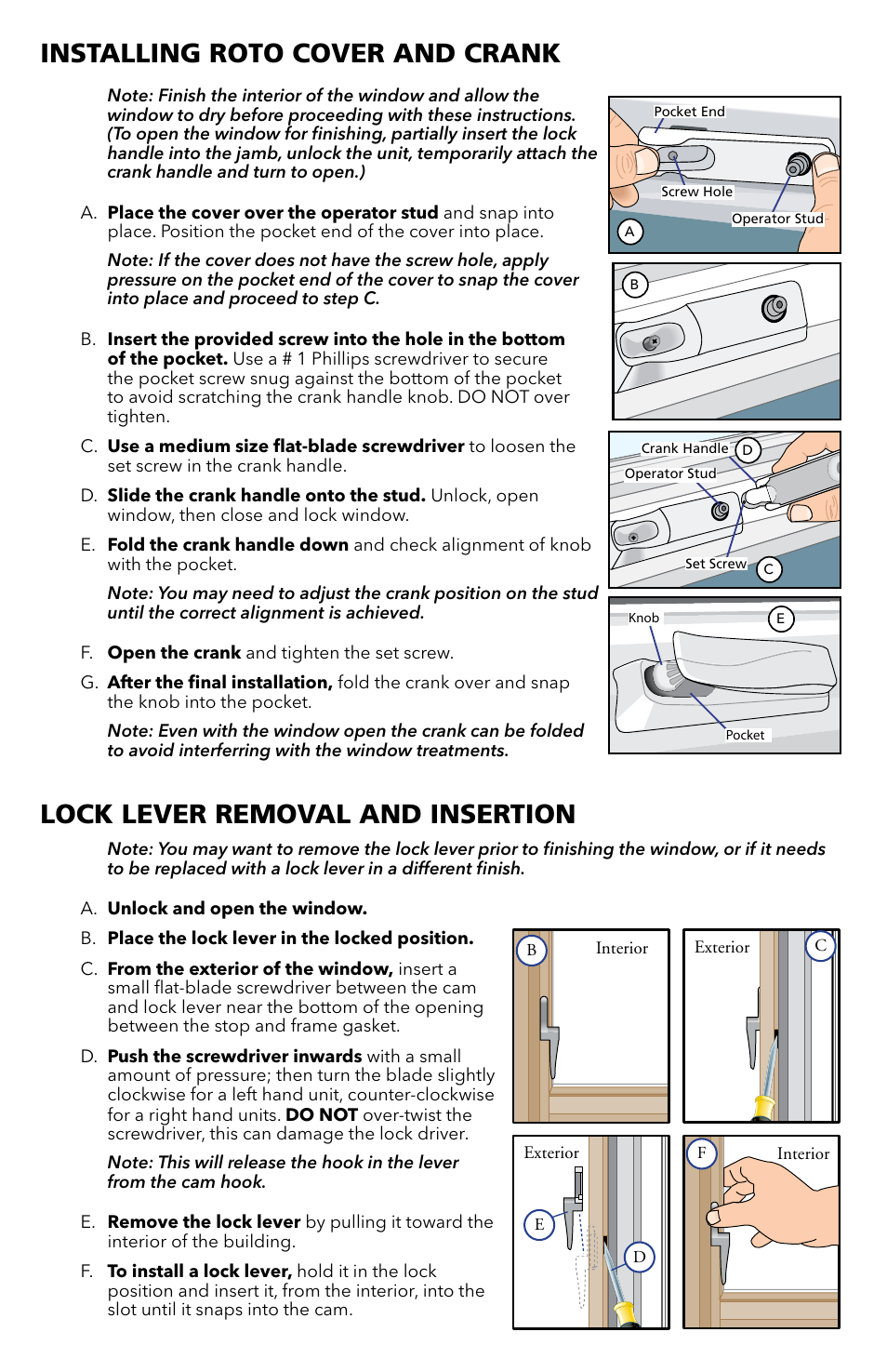 Installing roto cover and crank, Lock lever removal and insertion | Pella Clad Windows with Flush Flange 81CP0101 User Manual | Page 9 / 9