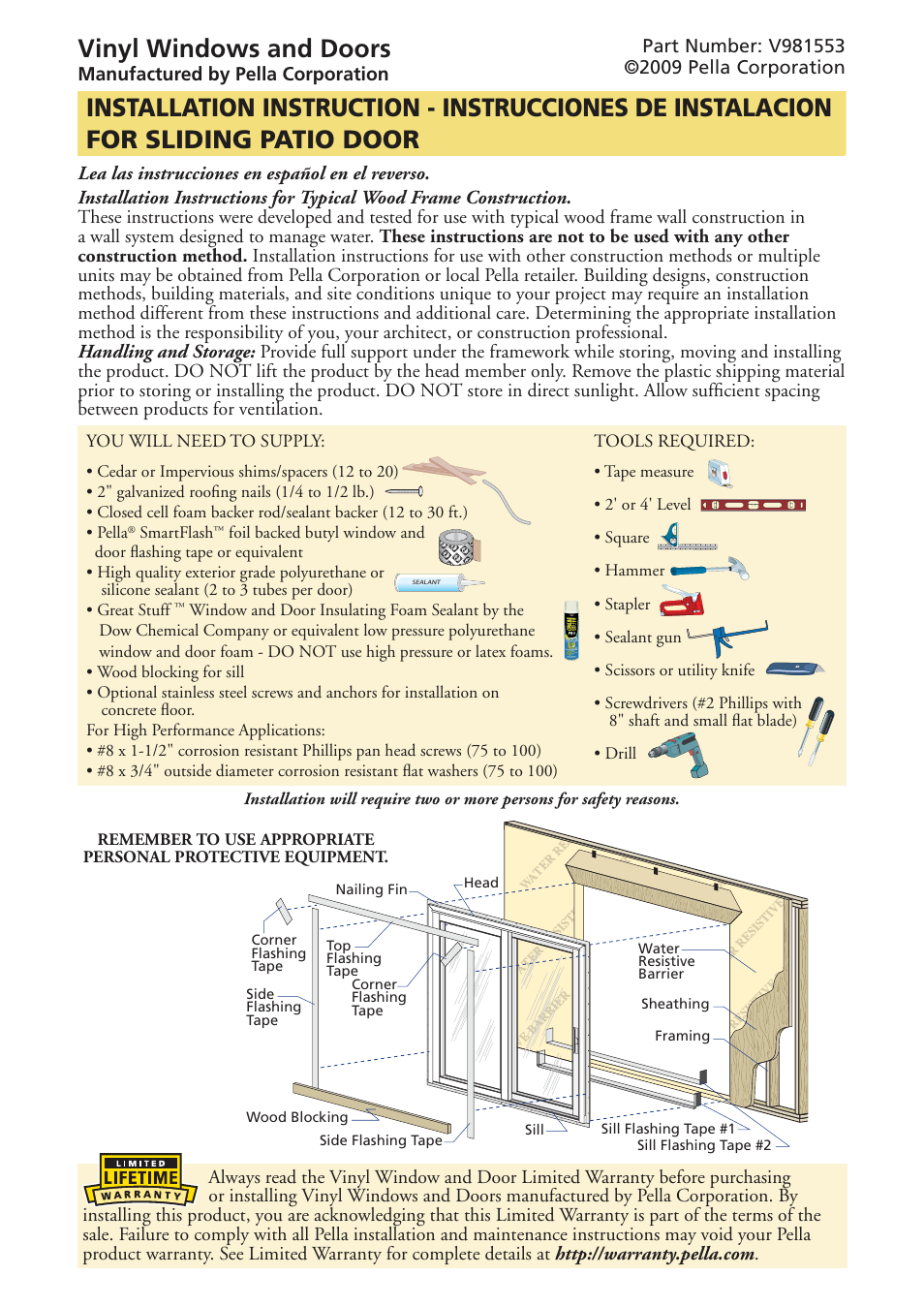 Pella Sliding Patio Door V981553 User Manual | 9 pages