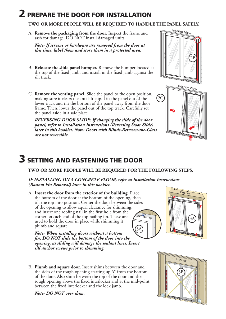 Prepare the door for installation, Setting and fastening the door | Pella Sliding Patio Door V981553 User Manual | Page 3 / 9