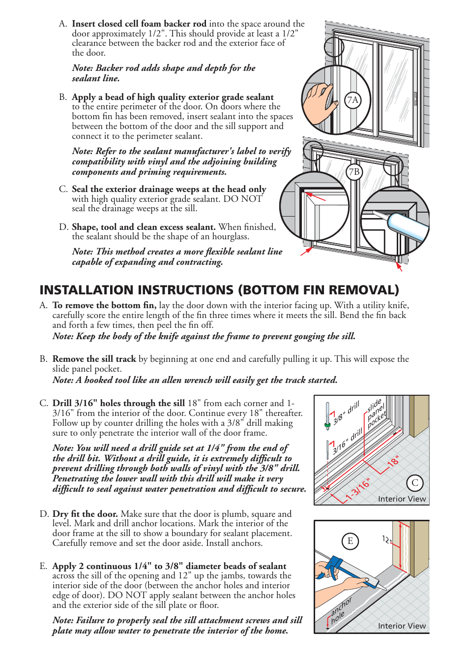 Installation instructions (bottom fin removal) | Pella Sliding Patio Door V981553 User Manual | Page 7 / 9