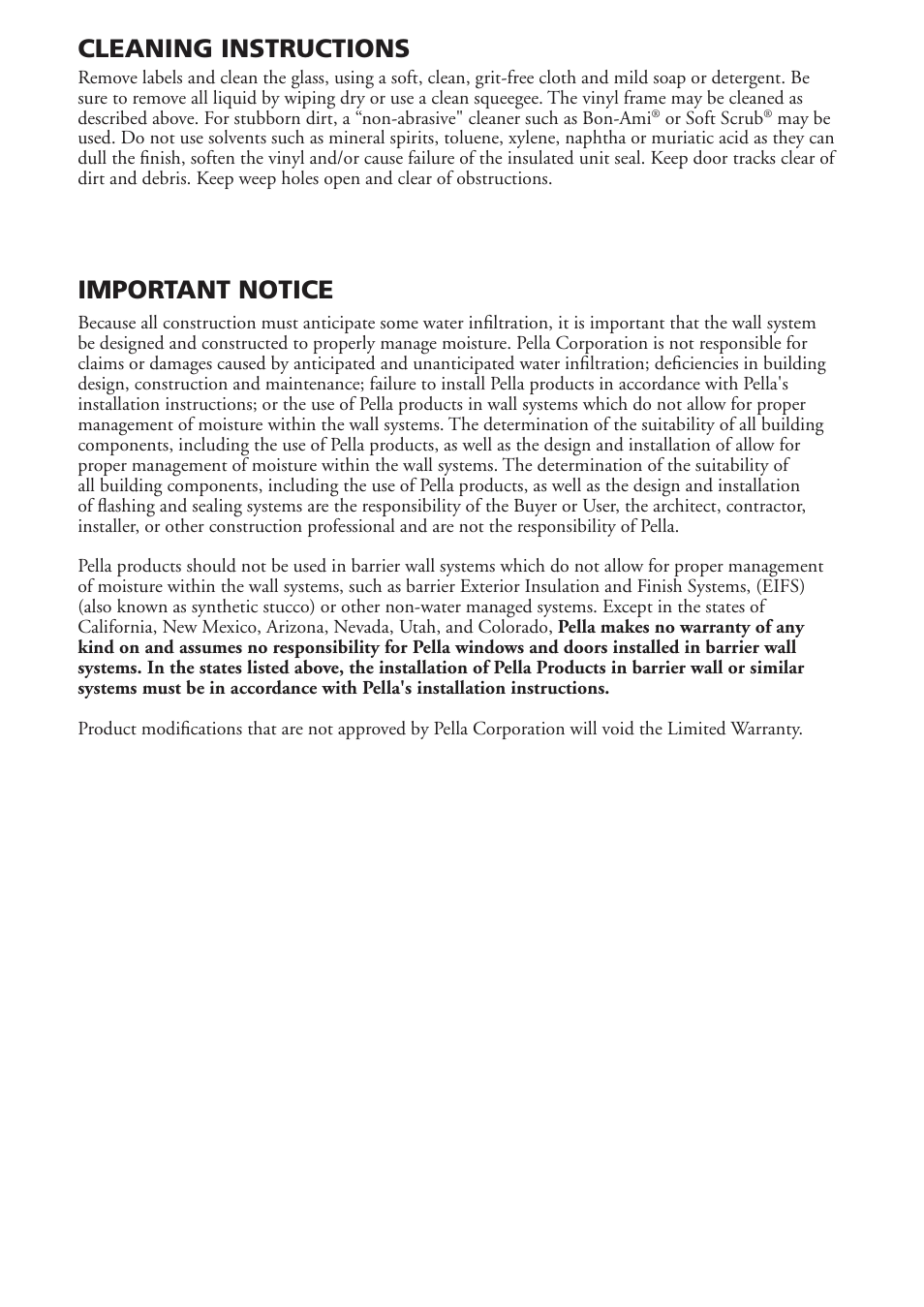 Important notice, Cleaning instructions | Pella Sliding Patio Door V981553 User Manual | Page 9 / 9