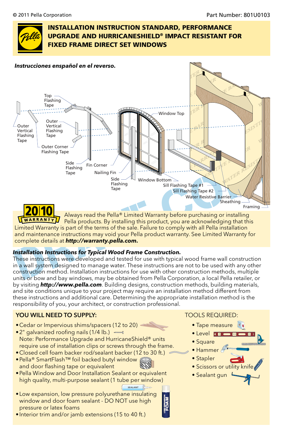 Pella Performance Upgrade And HurricanesHield Impact Resistant For Fixed Frame Direct Set Windows 801U0103 User Manual | 10 pages