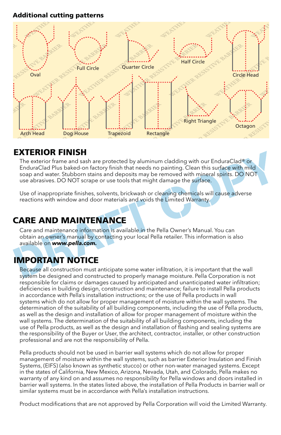 Exterior finish, Care and maintenance, Important notice | Pella Performance Upgrade And HurricanesHield Impact Resistant For Fixed Frame Direct Set Windows 801U0103 User Manual | Page 10 / 10