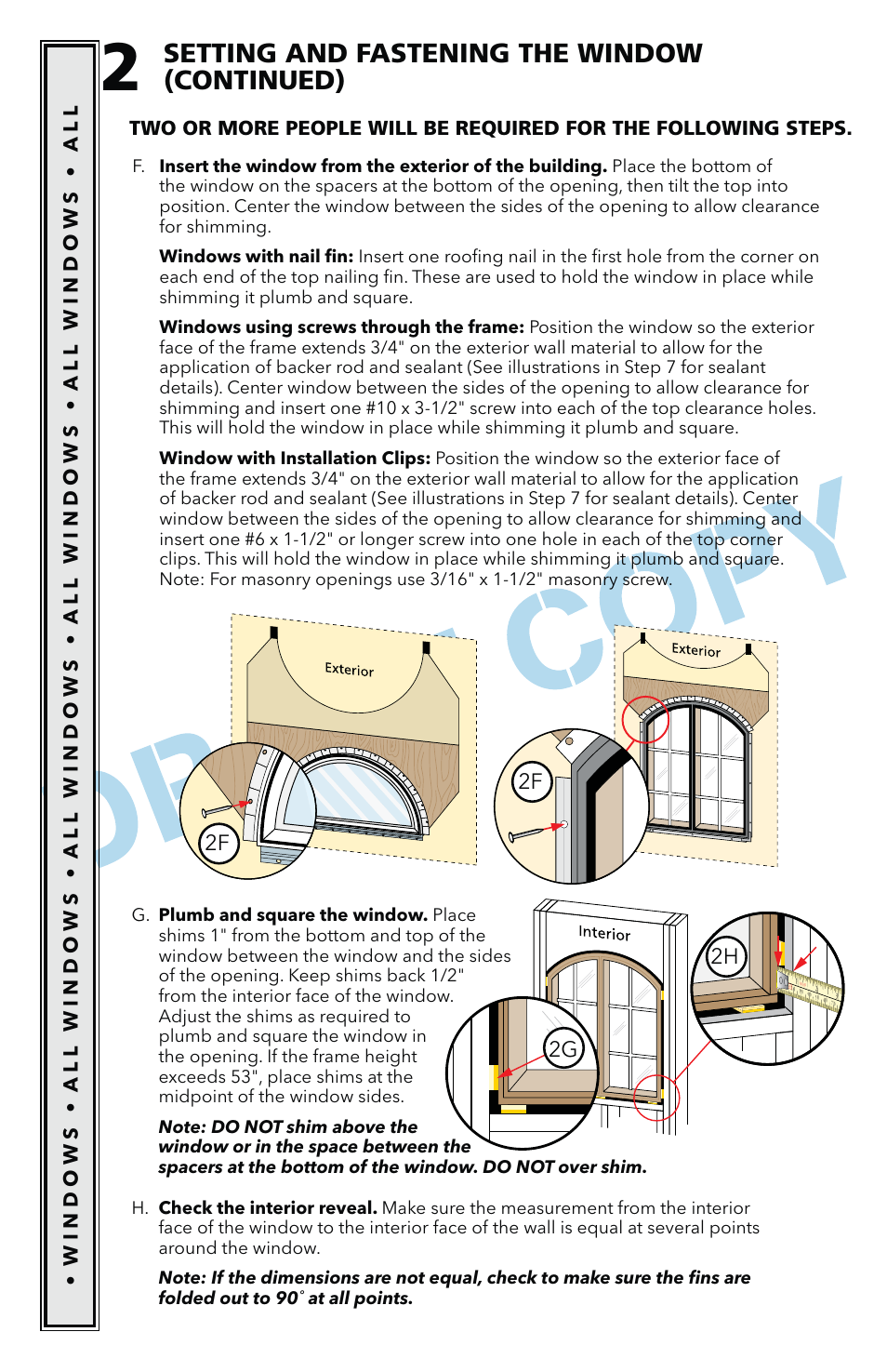 Setting and fastening the window (continued), 2g 2h | Pella Performance Upgrade And HurricanesHield Impact Resistant For Fixed Frame Direct Set Windows 801U0103 User Manual | Page 4 / 10