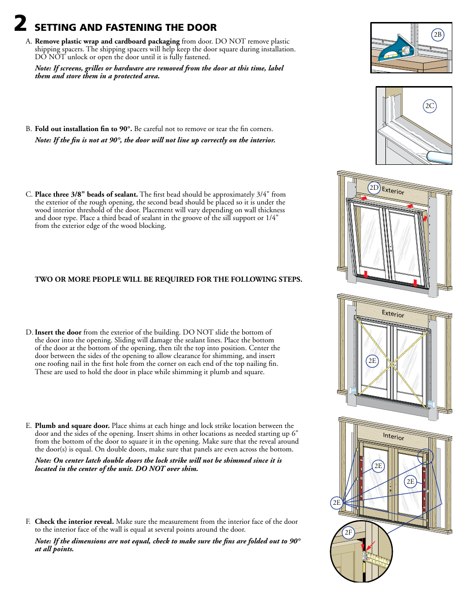 Setting and fastening the door | Pella HINGED PATIO DOOR - SOUTHWESTERN WALL WITH HARD COAT STUCCO 80KM0103 User Manual | Page 3 / 7