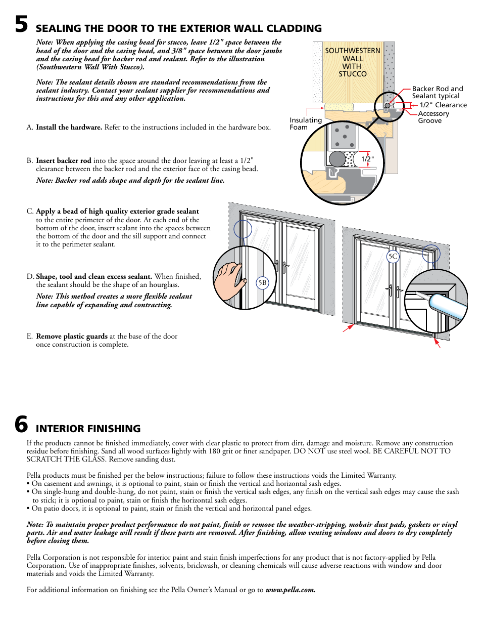 Sealing the door to the exterior wall cladding, Interior finishing | Pella HINGED PATIO DOOR - SOUTHWESTERN WALL WITH HARD COAT STUCCO 80KM0103 User Manual | Page 6 / 7