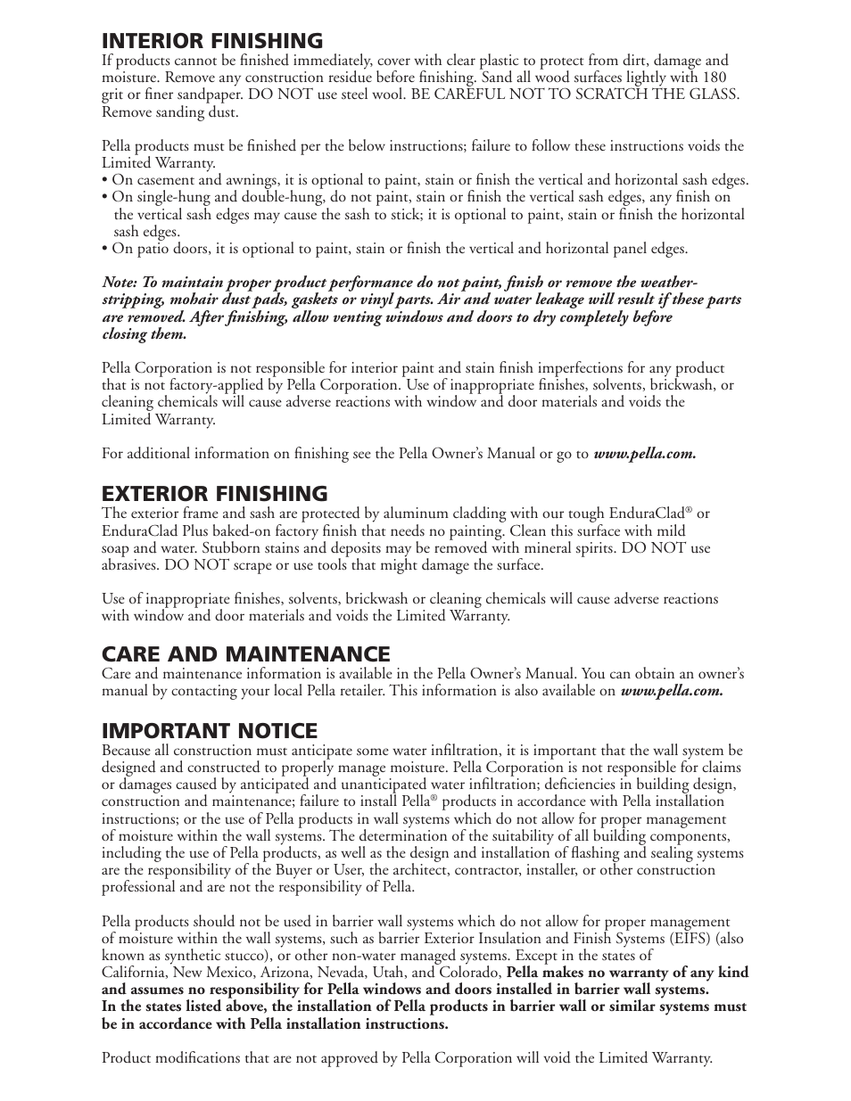 Interior finishing, Exterior finishing, Care and maintenance | Important notice | Pella 80GY0102 User Manual | Page 9 / 10