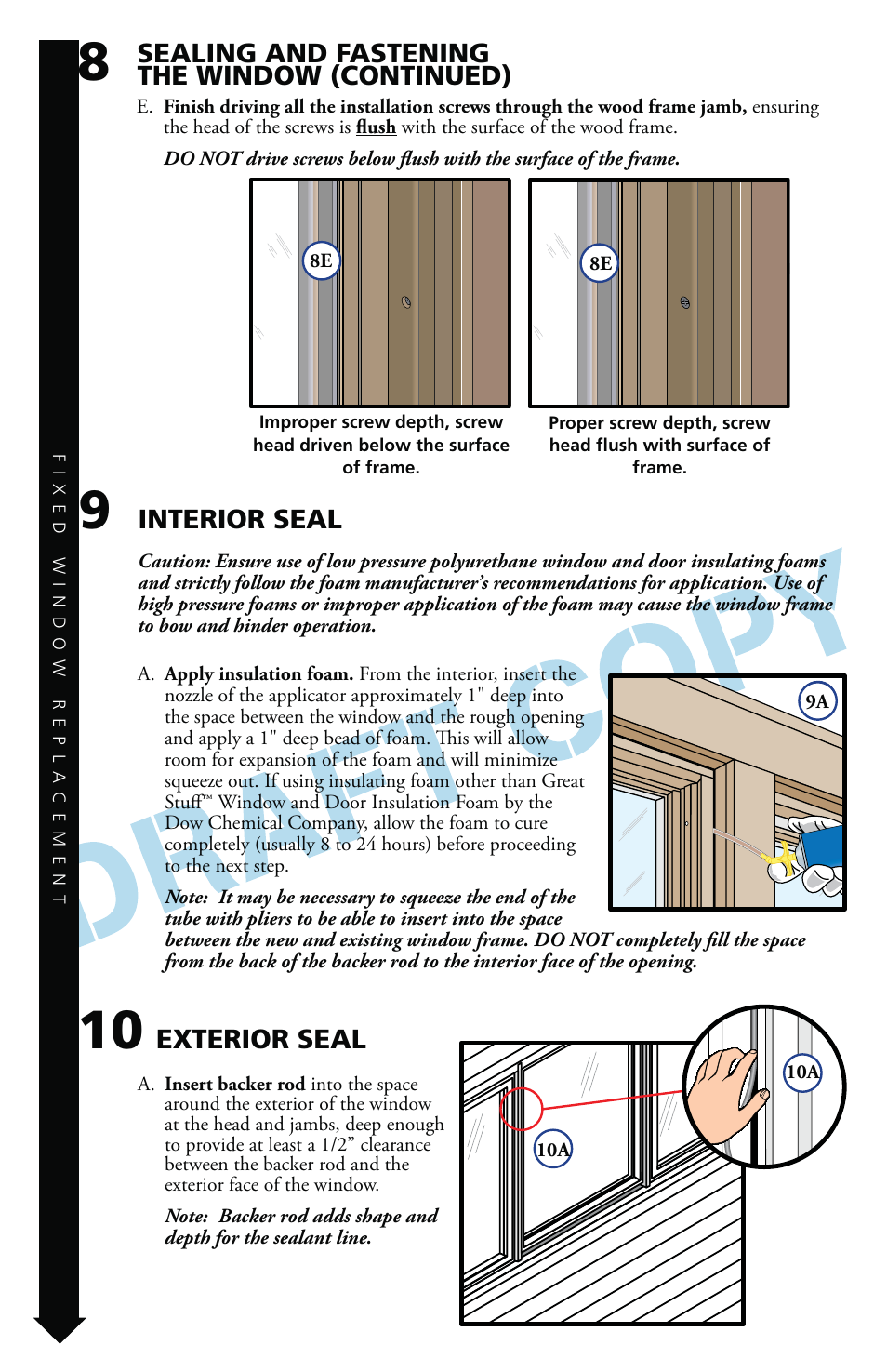 Sealing and fastening the window (continued), Interior seal, Exterior seal | Pella Precision Fit User Manual | Page 10 / 12