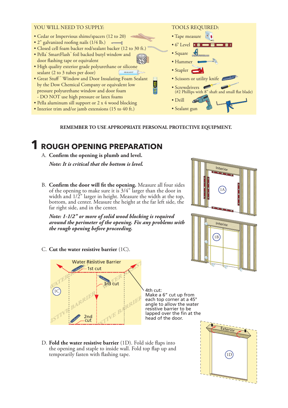 Rough opening preparation | Pella 801W0103 User Manual | Page 2 / 8
