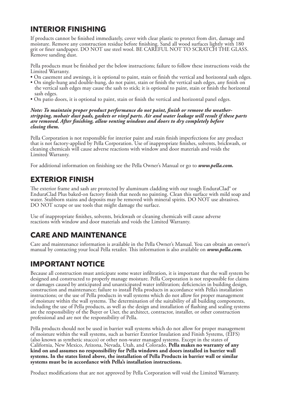 Exterior finish, Care and maintenance, Interior finishing | Important notice | Pella 801W0103 User Manual | Page 8 / 8