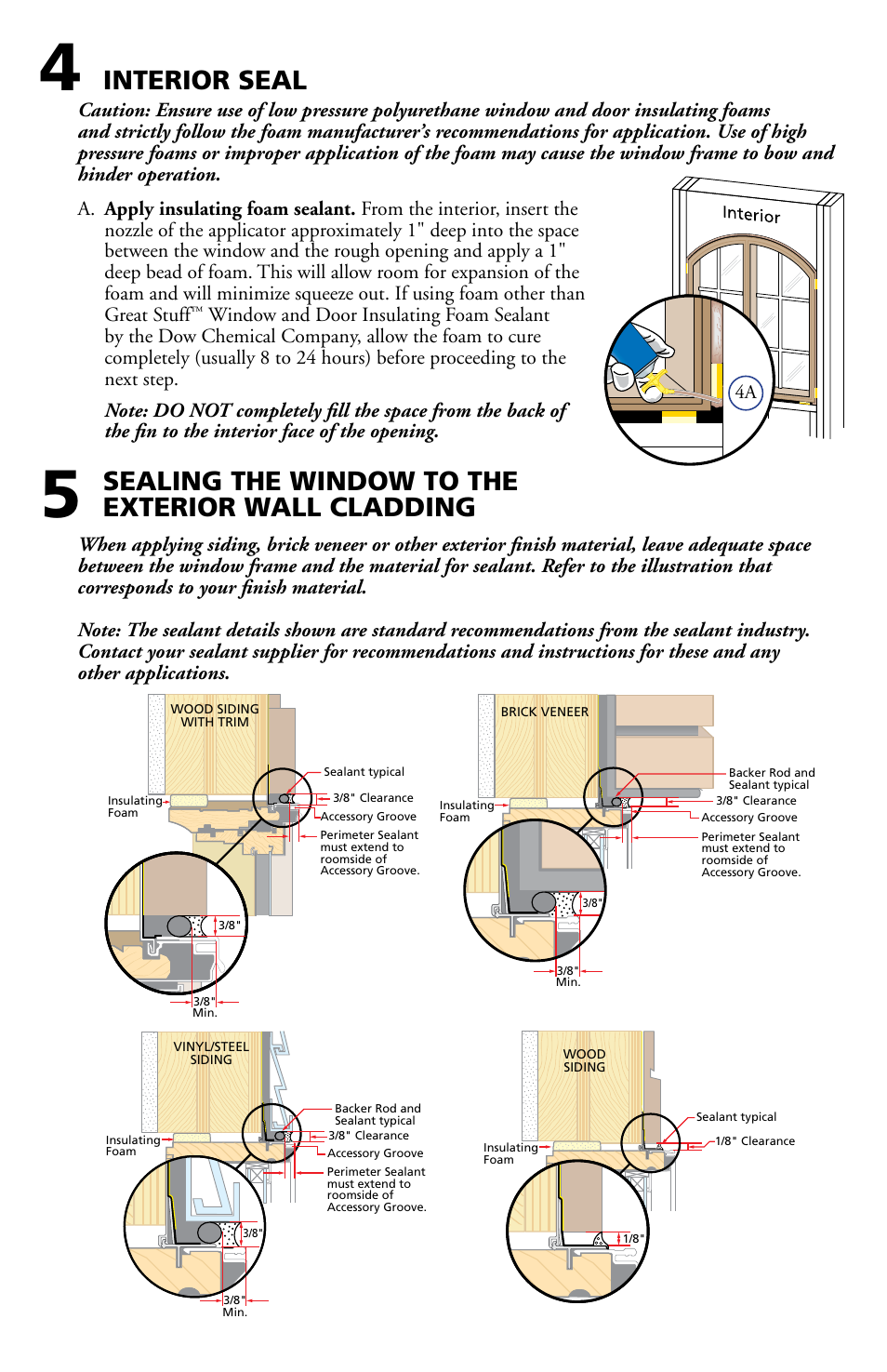 Interior seal, Sealing the window to the exterior wall cladding | Pella Typical Wood Frame Construction 801U0102 User Manual | Page 6 / 8