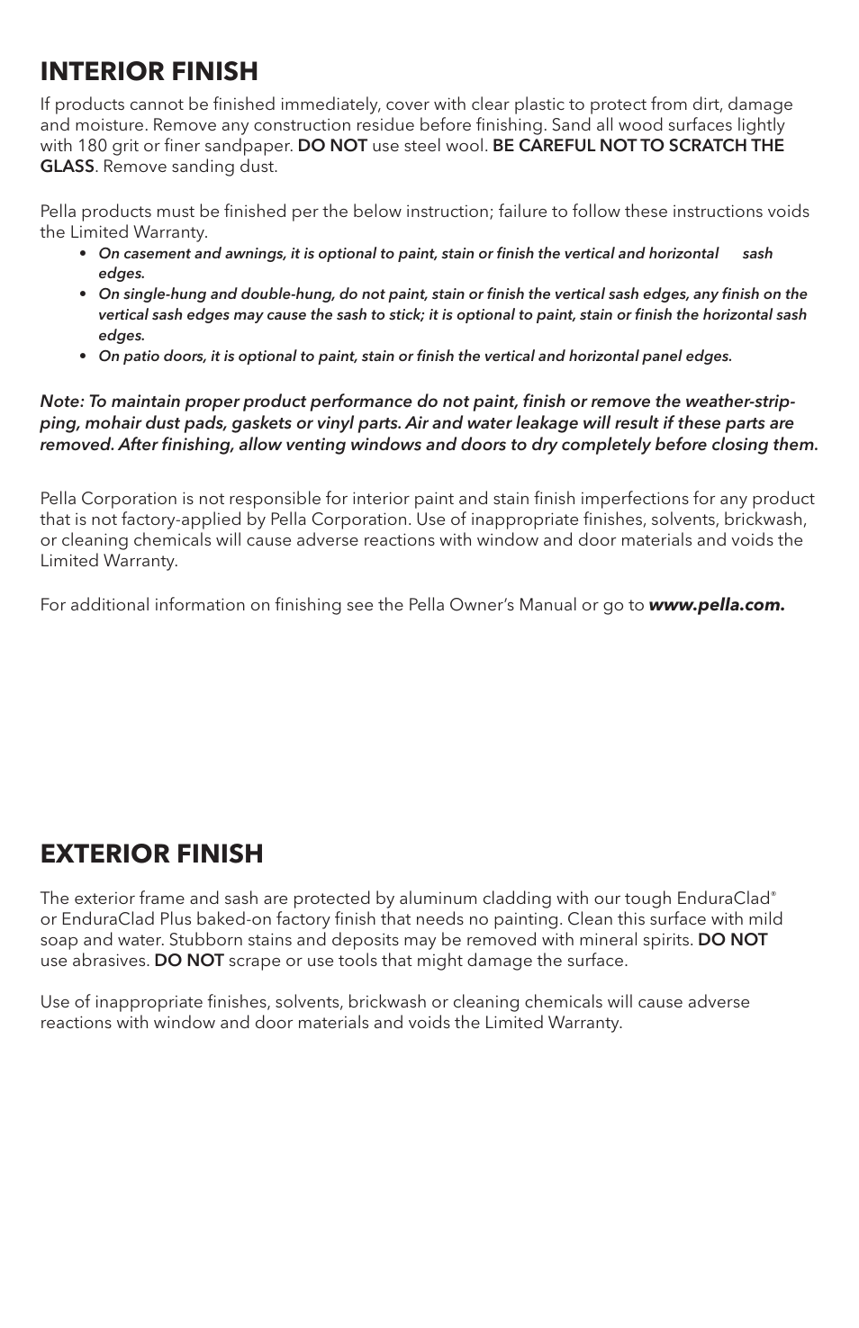 Exterior finish, Interior finish | Pella 808F0105 User Manual | Page 7 / 8