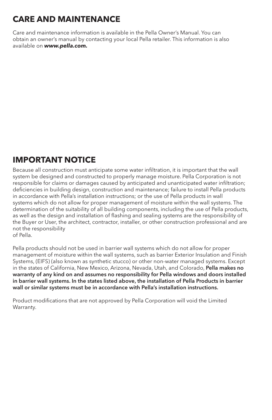 Care and maintenance, Important notice | Pella 808F0105 User Manual | Page 8 / 8