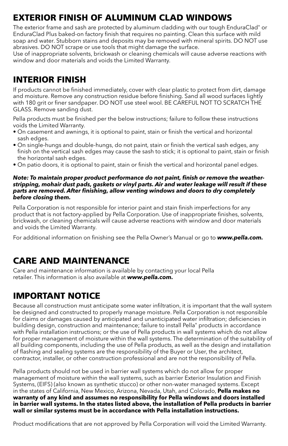 Exterior finish of aluminum clad windows, Interior finish, Care and maintenance | Important notice | Pella 80WX0101 User Manual | Page 6 / 8