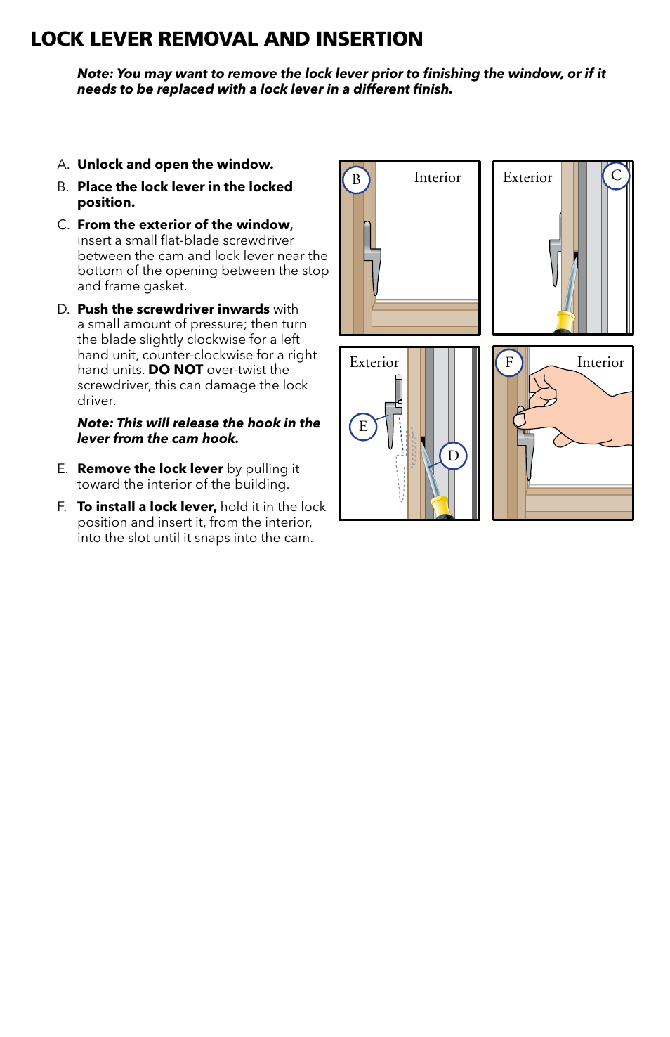 Lock lever removal and insertion | Pella 80WX0101 User Manual | Page 8 / 8