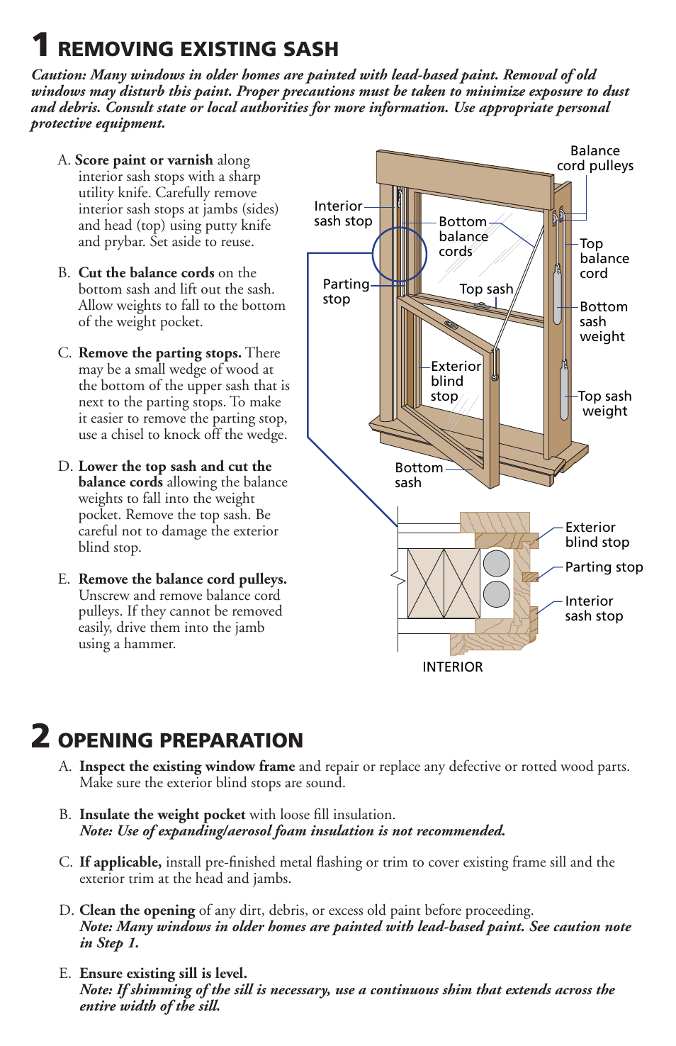 Removing existing sash, Opening preparation | Pella Avinyl Windows and Doors V784840 User Manual | Page 2 / 7
