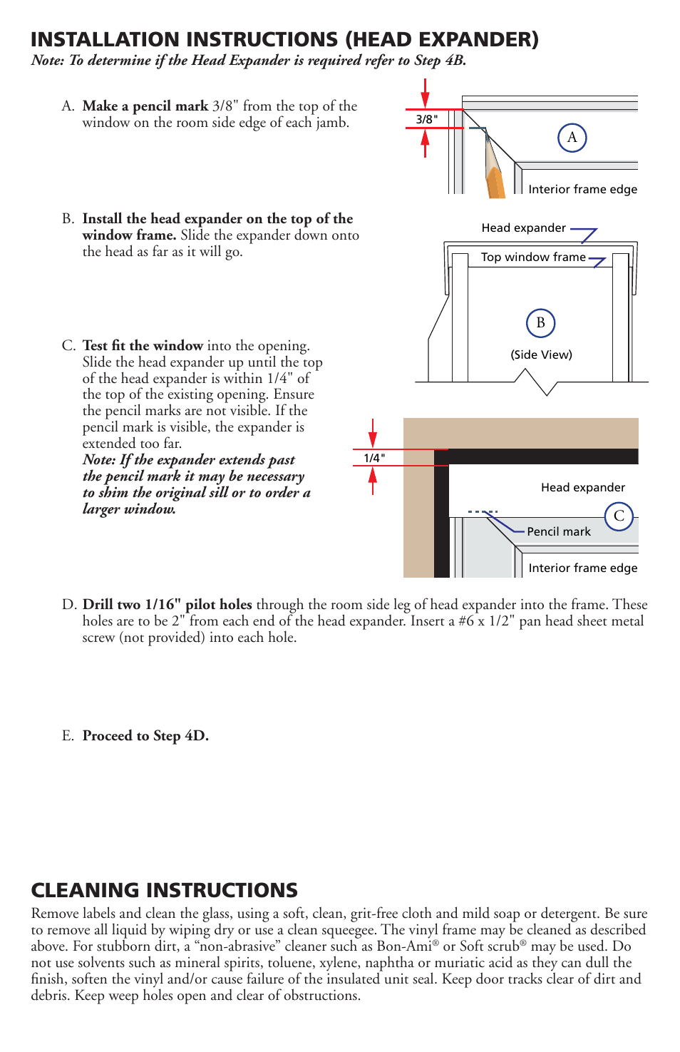 Installation instructions (head expander), Cleaning instructions | Pella Avinyl Windows and Doors V784840 User Manual | Page 6 / 7