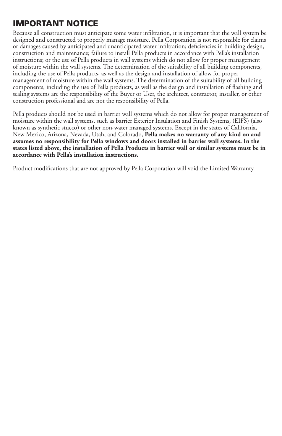 Important notice | Pella Avinyl Windows and Doors V784840 User Manual | Page 7 / 7