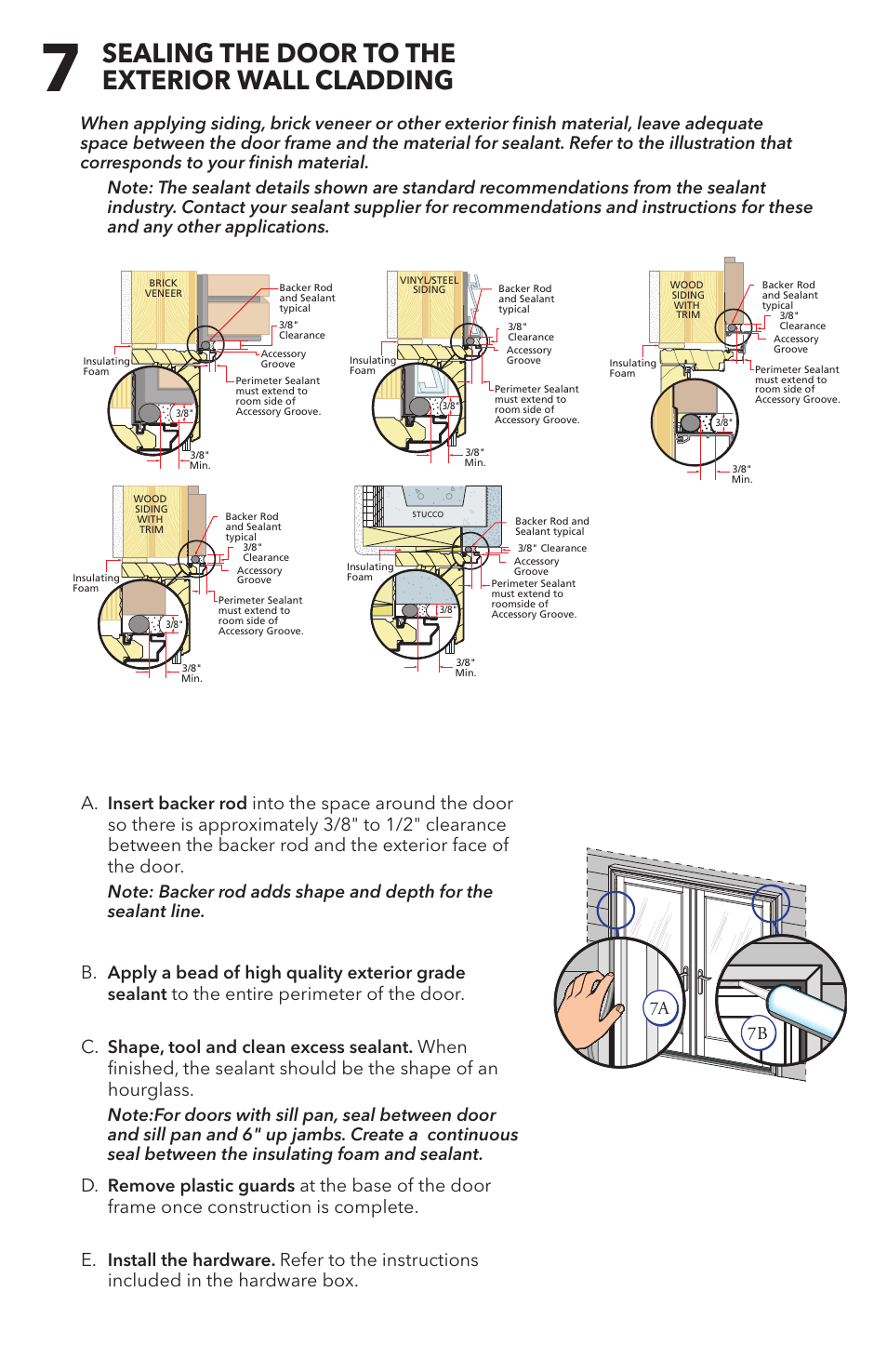 Sealing the door to the exterior wall cladding, Wood siding with trim, 7b 7a | 7a 7b | Pella 81AK0101 User Manual | Page 15 / 18