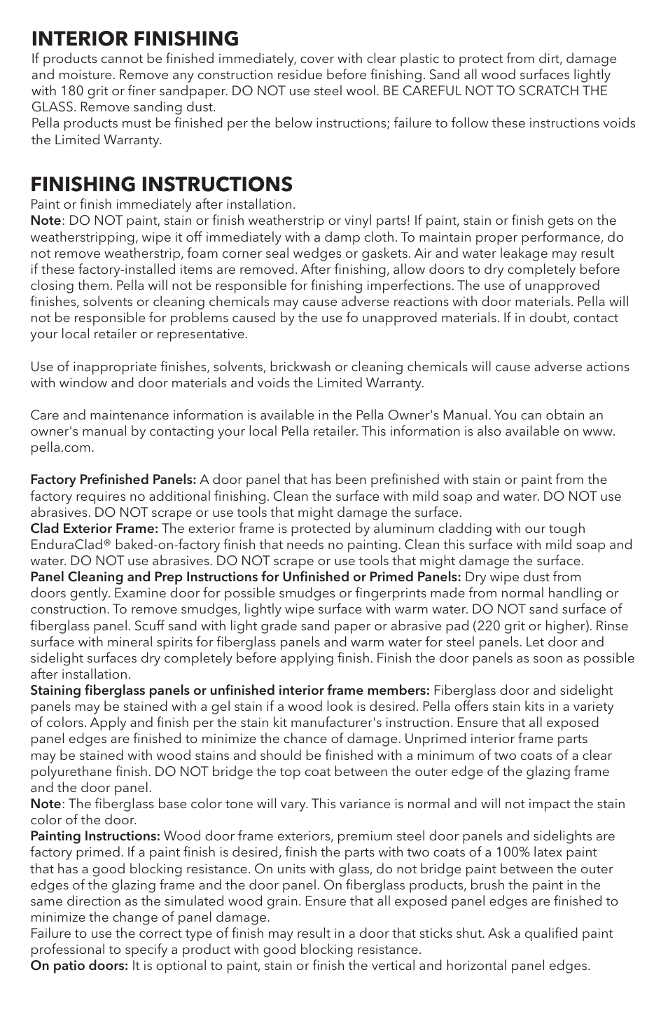 Interior finishing, Finishing instructions | Pella 81AK0101 User Manual | Page 16 / 18