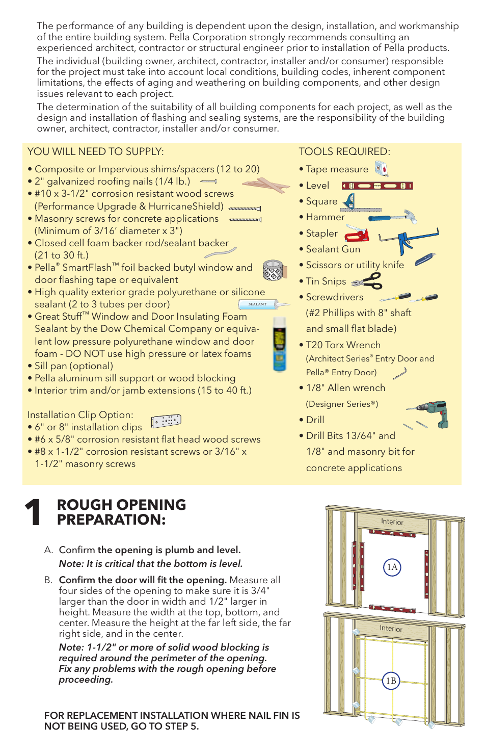 Rough opening preparation | Pella 81AK0101 User Manual | Page 2 / 18