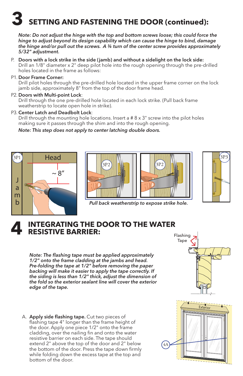 Setting and fastening the door (continued), Head ~ 8” j a m b | Pella 81AK0101 User Manual | Page 9 / 18
