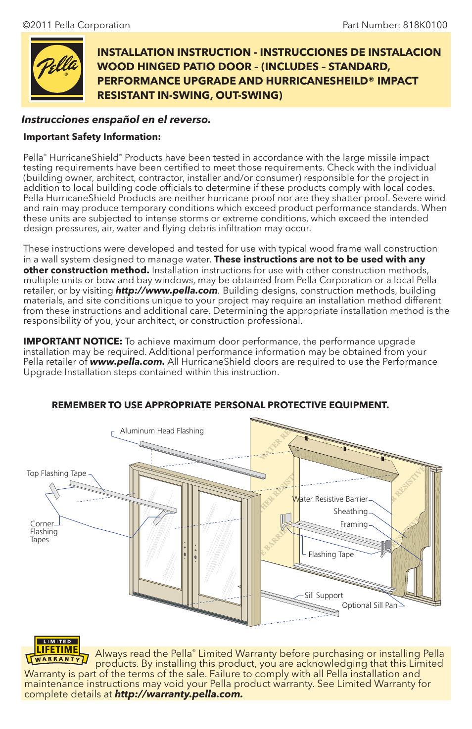 Pella Wood Hinged Patio Door 818K0100 User Manual | 16 pages