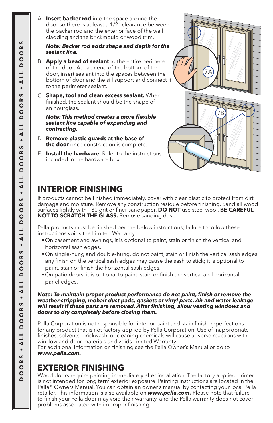 Interior finishing, Exterior finishing | Pella Wood Hinged Patio Door 818K0100 User Manual | Page 13 / 16