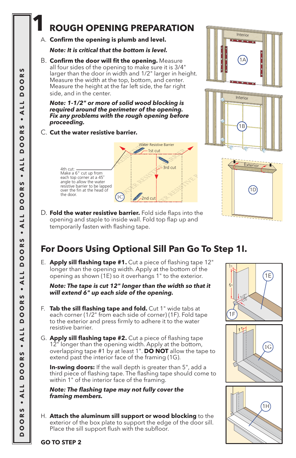 Rough opening preparation, For doors using optional sill pan go to step 1i | Pella Wood Hinged Patio Door 818K0100 User Manual | Page 3 / 16