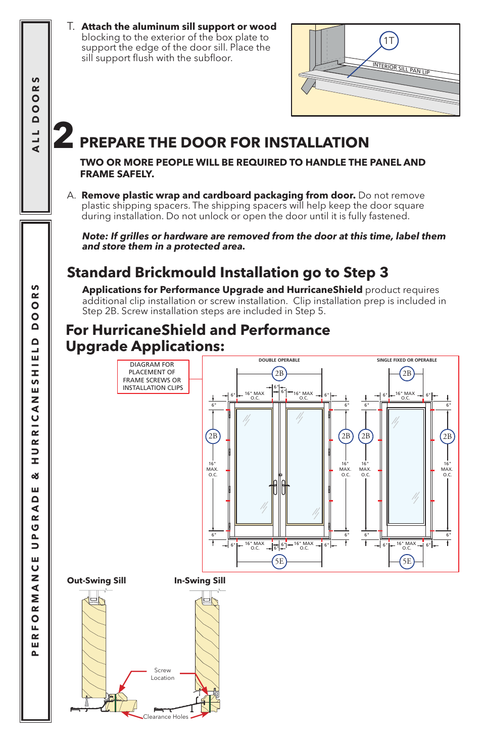 Prepare the door for installation, Standard brickmould installation go to step 3, 1t all doors | Pella Wood Hinged Patio Door 818K0100 User Manual | Page 5 / 16