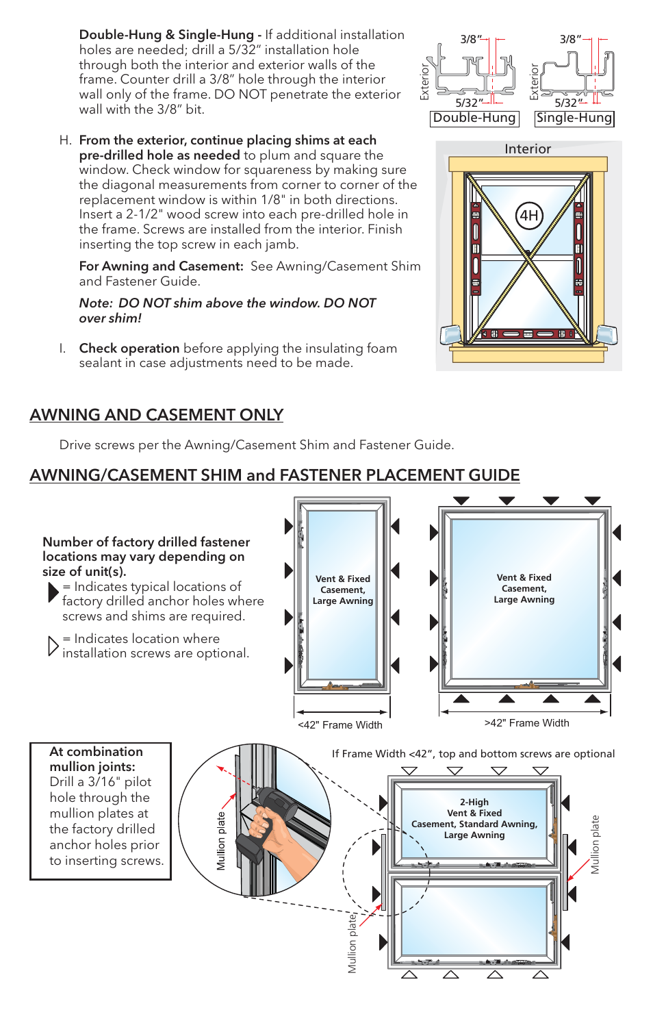 Awning and casement only, Awning/casement shim and fastener placement guide | Pella Impervia 80YW0102 User Manual | Page 7 / 13
