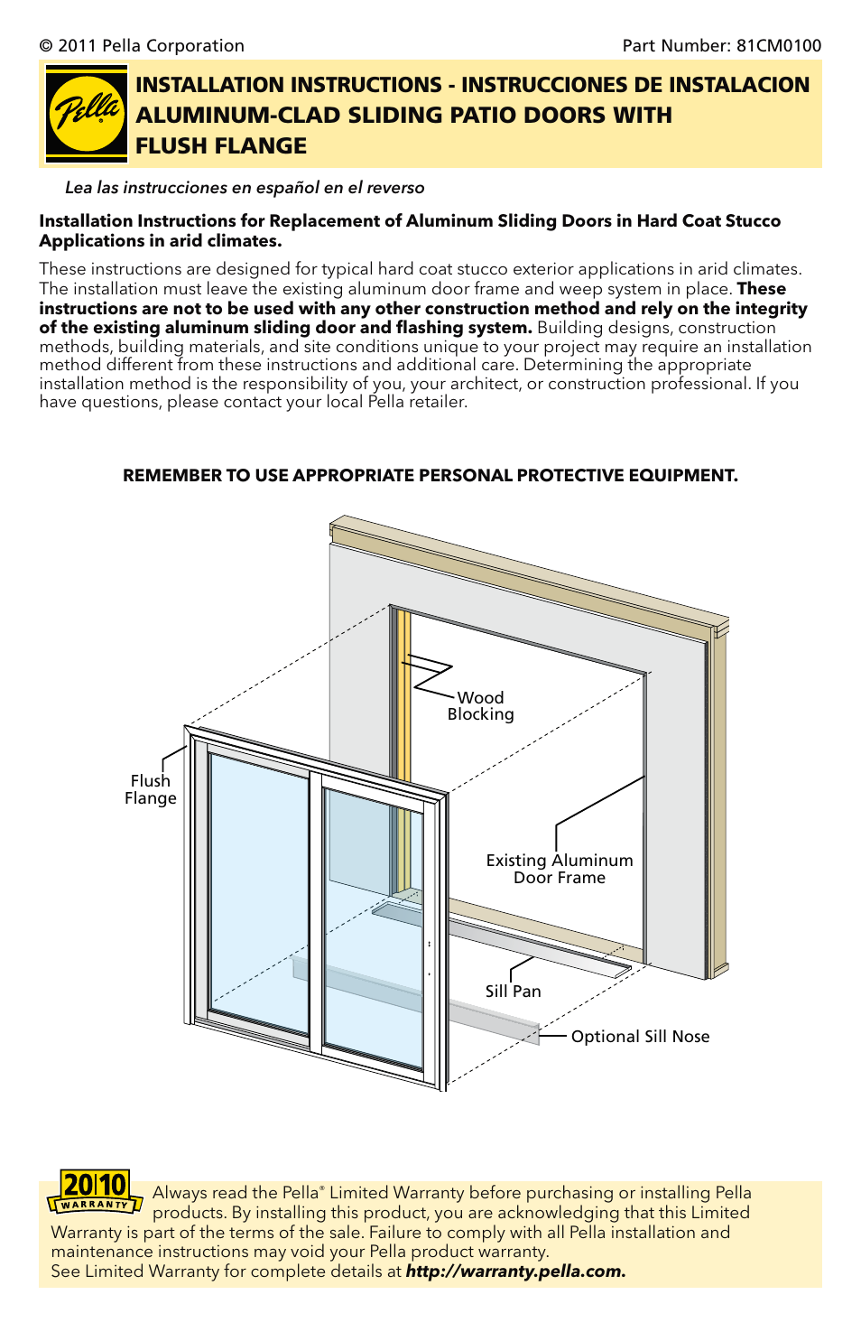 Pella Aluminim Clad Sliding Patio Doors With Flush Flange 81CM0100 User Manual | 13 pages