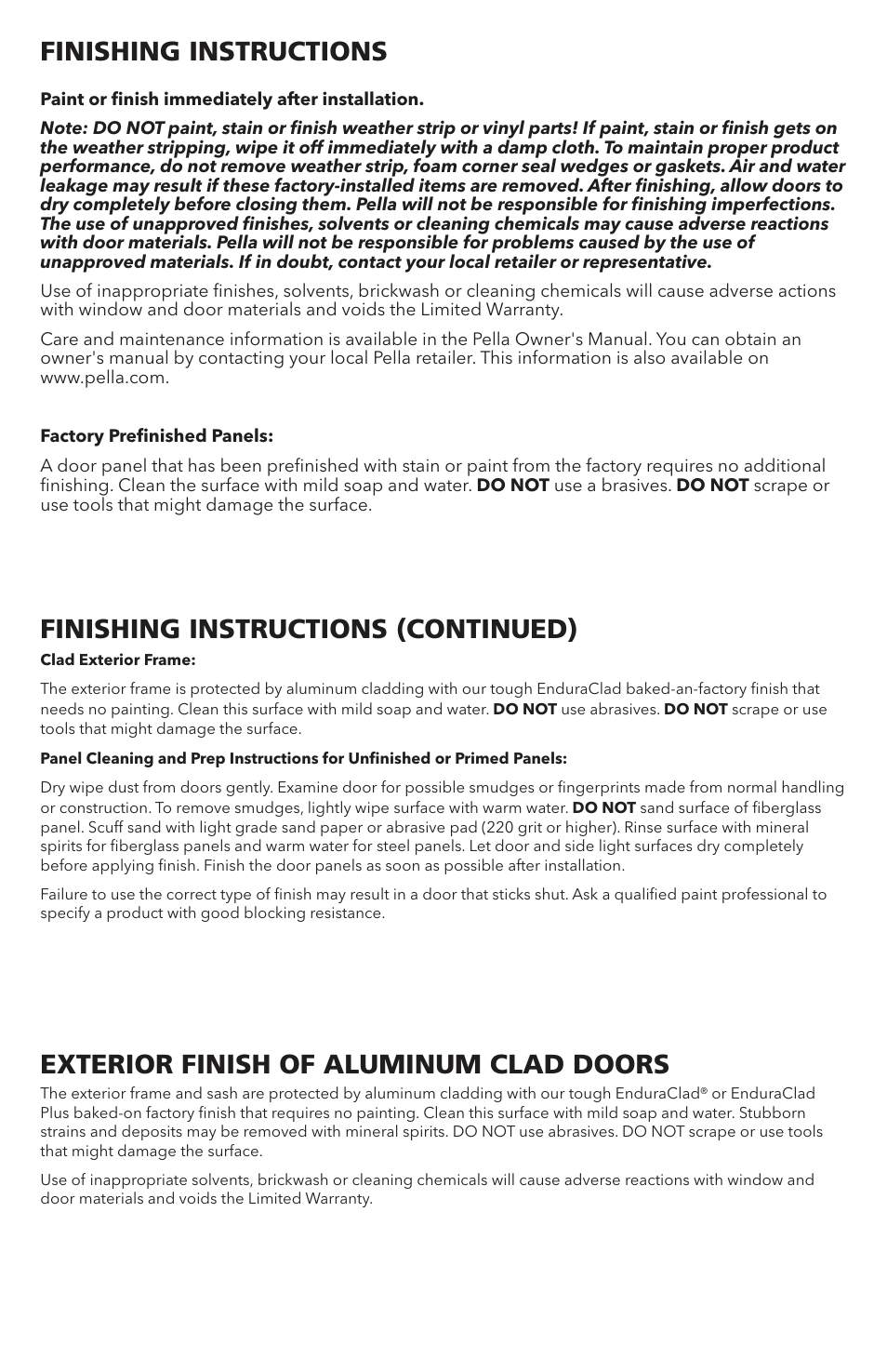 Finishing instructions, Finishing instructions (continued), Exterior finish of aluminum clad doors | Pella Aluminim Clad Sliding Patio Doors With Flush Flange 81CM0100 User Manual | Page 12 / 13
