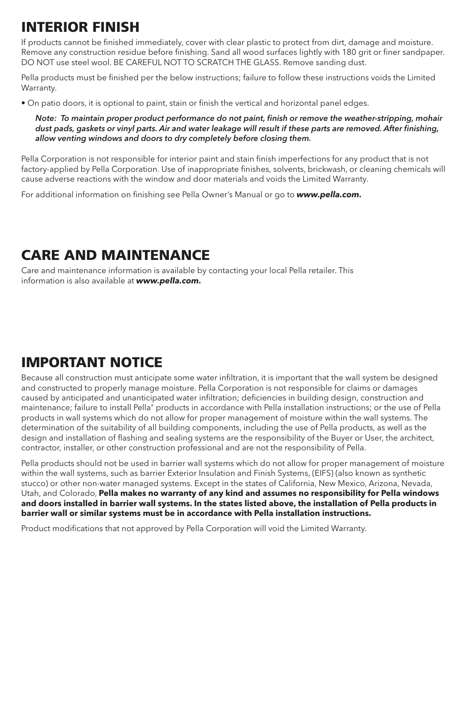 Interior finish, Care and maintenance, Important notice | Pella Aluminim Clad Sliding Patio Doors With Flush Flange 81CM0100 User Manual | Page 13 / 13