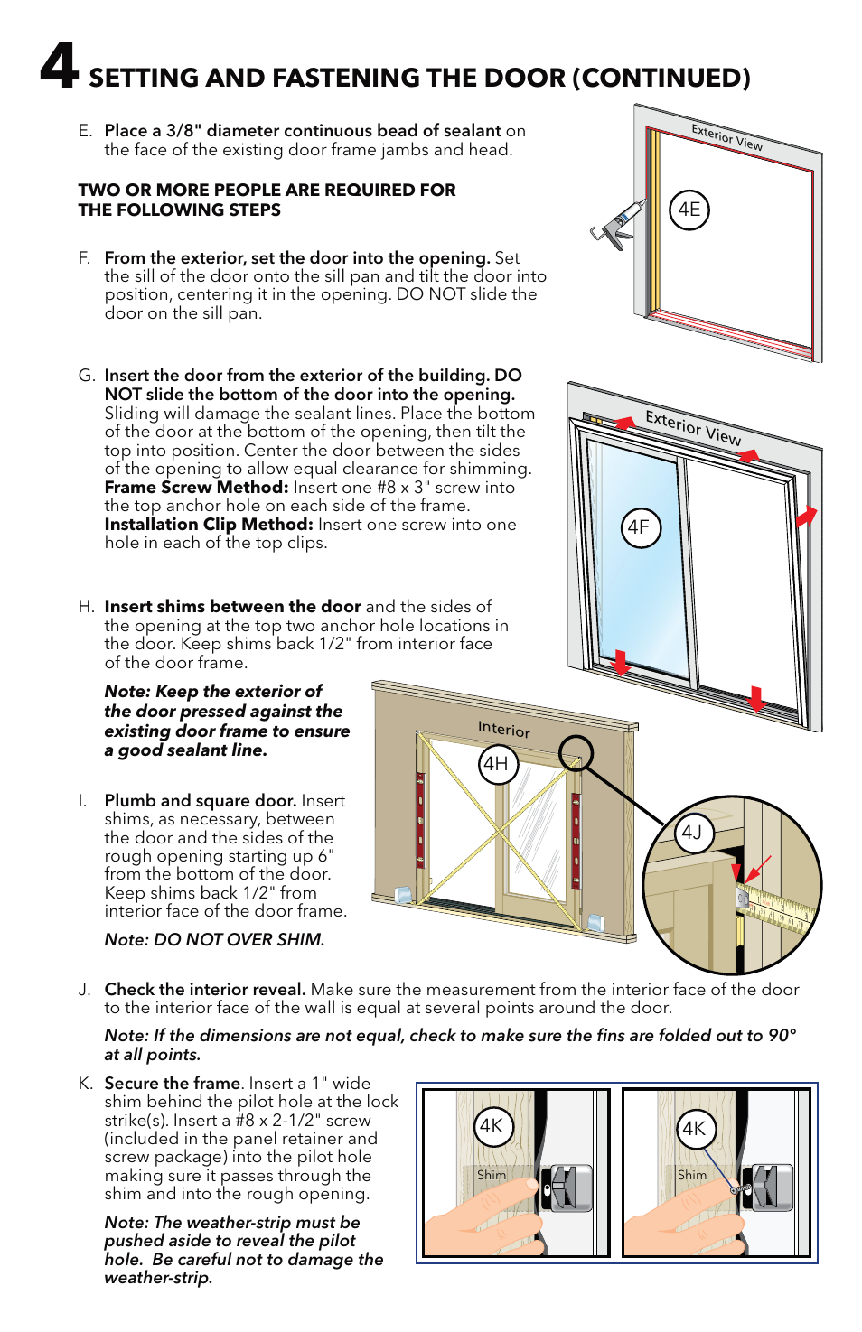 Setting and fastening the door (continued) | Pella Aluminim Clad Sliding Patio Doors With Flush Flange 81CM0100 User Manual | Page 8 / 13