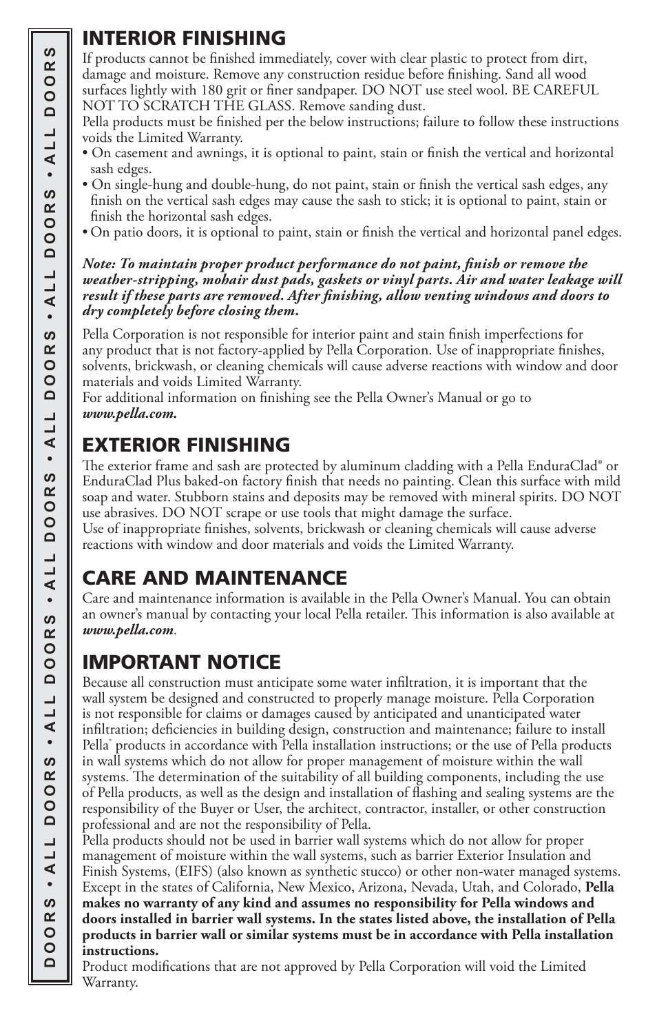 Interior finishing, Exterior finishing, Care and maintenance | Important notice | Pella CLAD HINGED PATIO DOOR  (INCLUDES STANDARD User Manual | Page 15 / 16