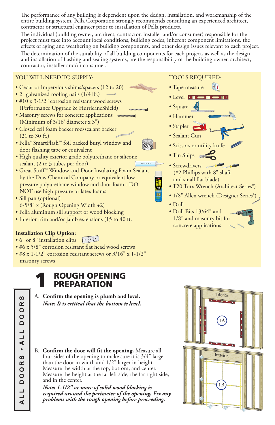 Rough opening preparation | Pella CLAD HINGED PATIO DOOR  (INCLUDES STANDARD User Manual | Page 2 / 16
