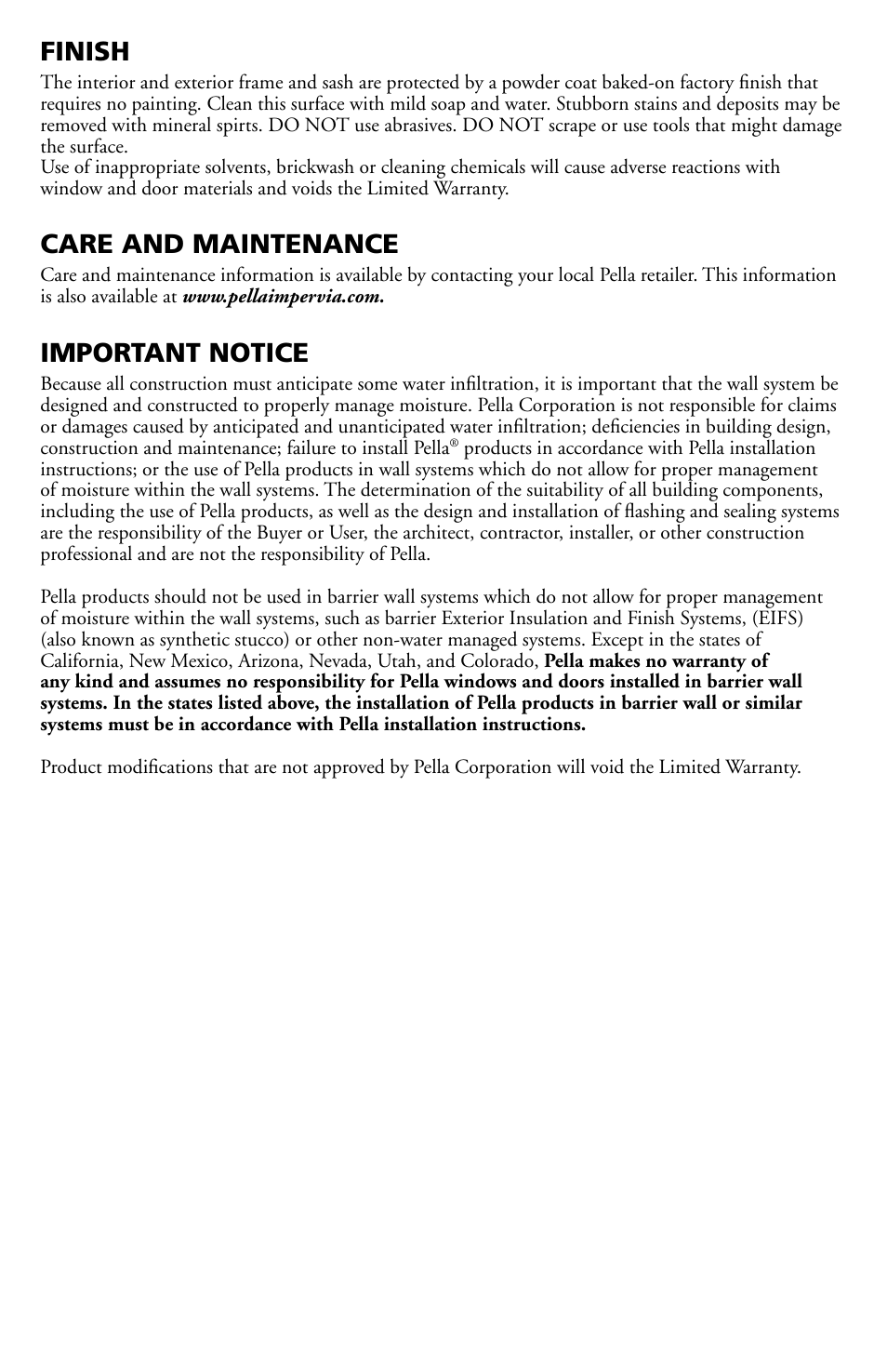 Finish, Care and maintenance, Important notice | Pella Impervia 802Q0101 User Manual | Page 7 / 7