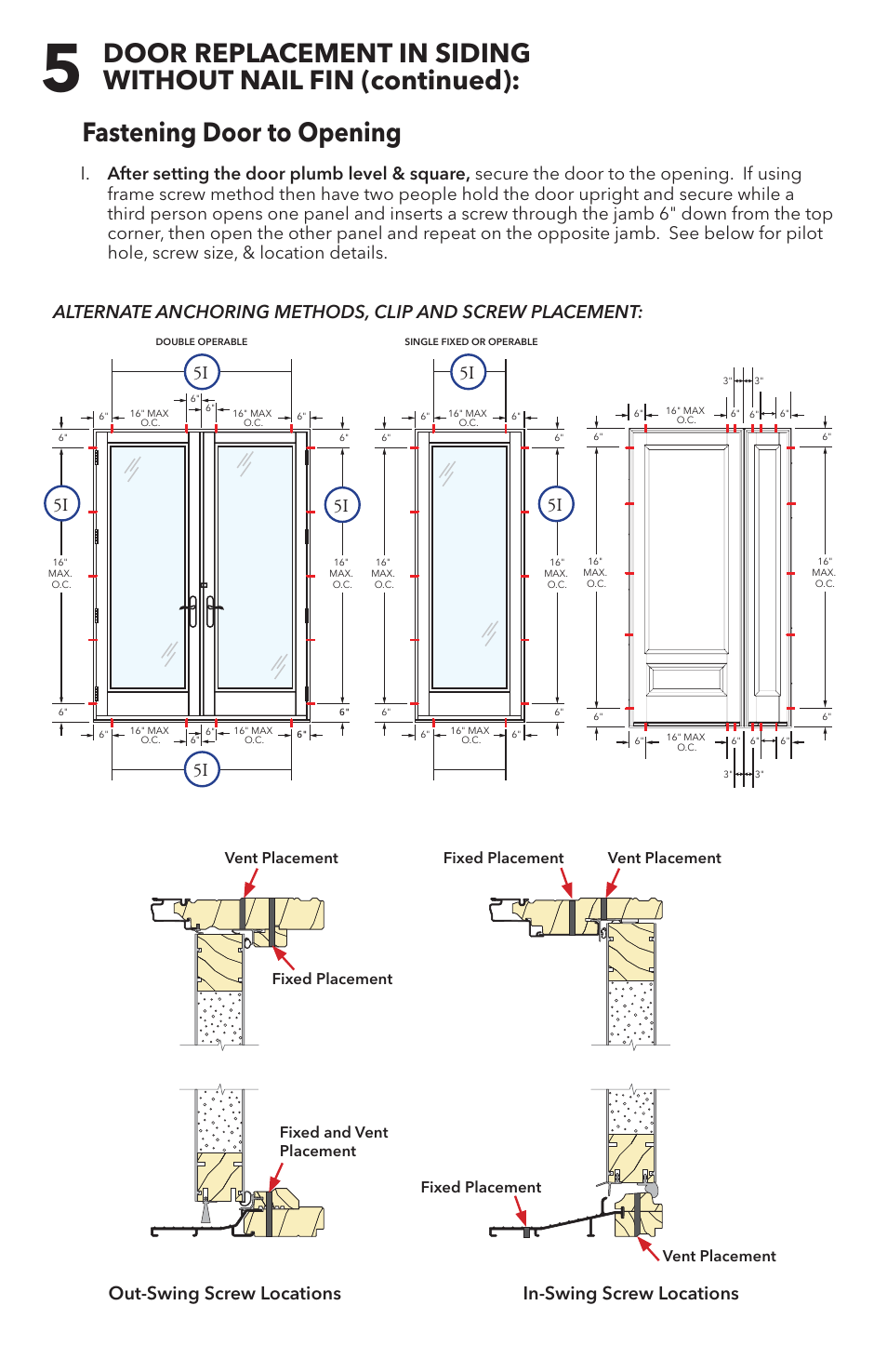 Fastening door to opening, Out-swing screw locations in-swing screw locations | Pella 81DU0100 User Manual | Page 12 / 19