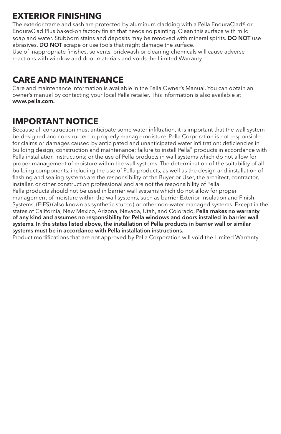 Exterior finishing, Care and maintenance, Important notice | Pella 81DU0100 User Manual | Page 18 / 19