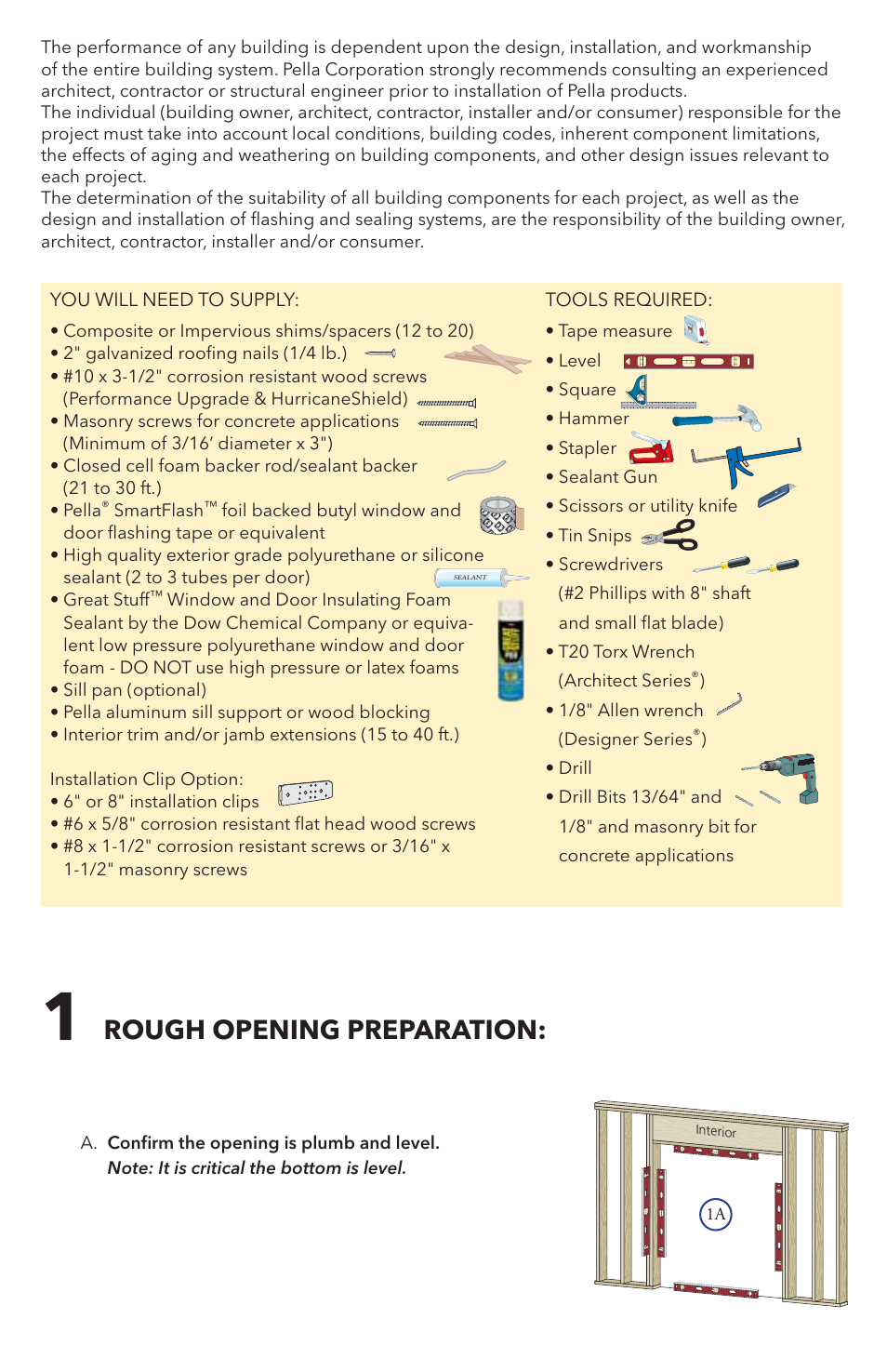 Rough opening preparation | Pella 81DU0100 User Manual | Page 2 / 19